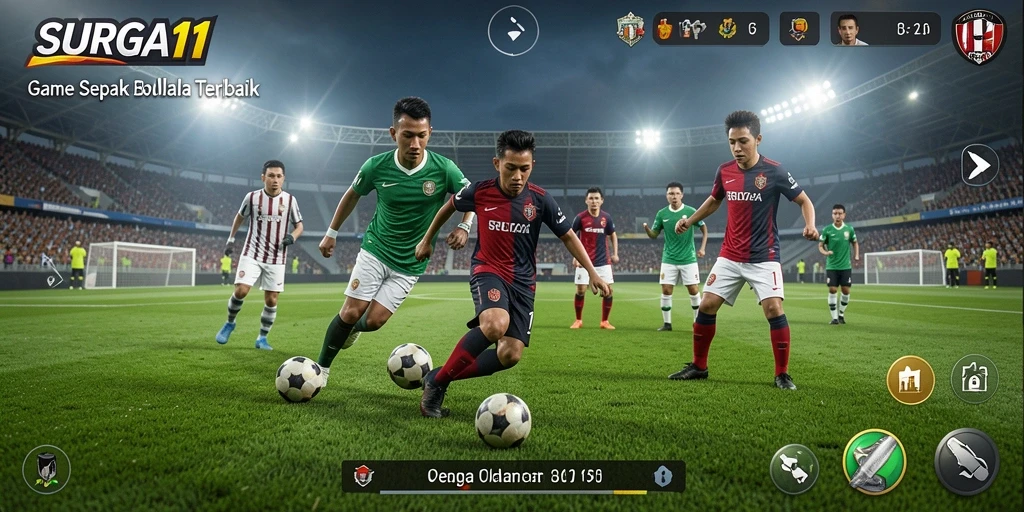 Tampilan gameplay SURGA11 yang mengesankan dengan aksi sepak bola nyata.